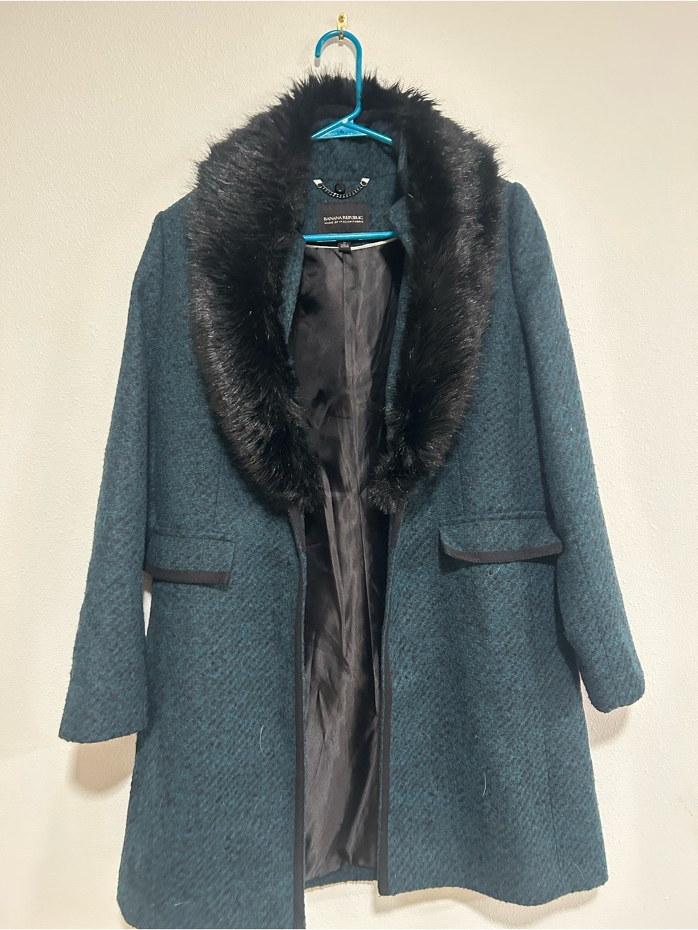 Banana Republic Teal Pea Coat with Black Faux Fur Collar